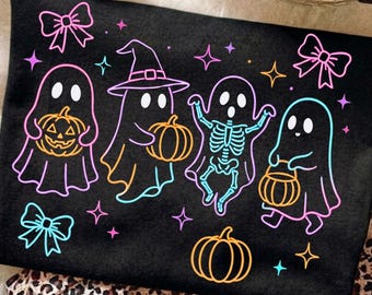 PNG de fantasma neón, lindo diseño de grupo de fantasmas de Halloween, PNG de amigos fantasma neón, PNG de temporada espeluznante neón, PNG de fantasma de Halloween, PNG de Halloween femenino