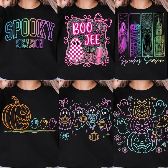 Neon Halloween PNG Bundle, Spooky Season Shirt Designs, Cute Ghost Pumpkin Graphics, Girly Halloween Png, Boo Jee Ghost Design