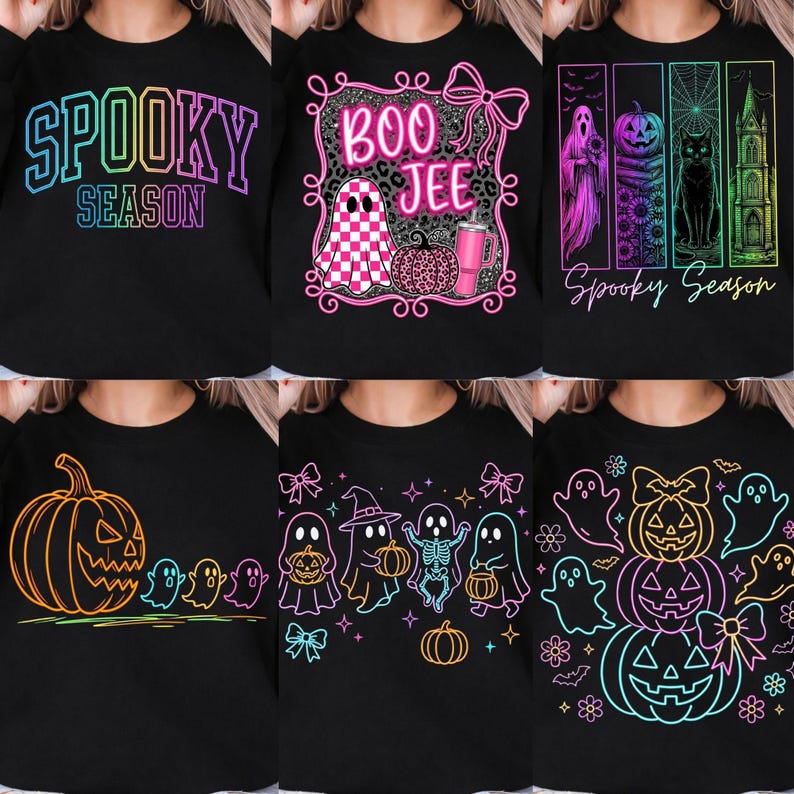 May include: A collection of six black sweatshirts featuring various Halloween-themed graphic prints in neon colors, including text like Spooky Season and Boo Jee, alongside illustrations of ghosts, pumpkins, cats, and gothic architecture.