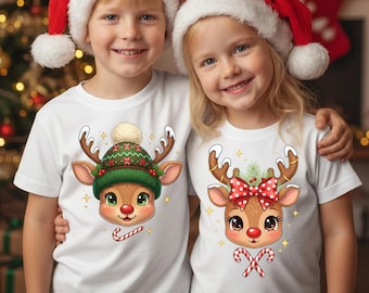 Kids Reindeer Christmas PNG: Matching Boy and Girl Holiday Deer Sublimation Design