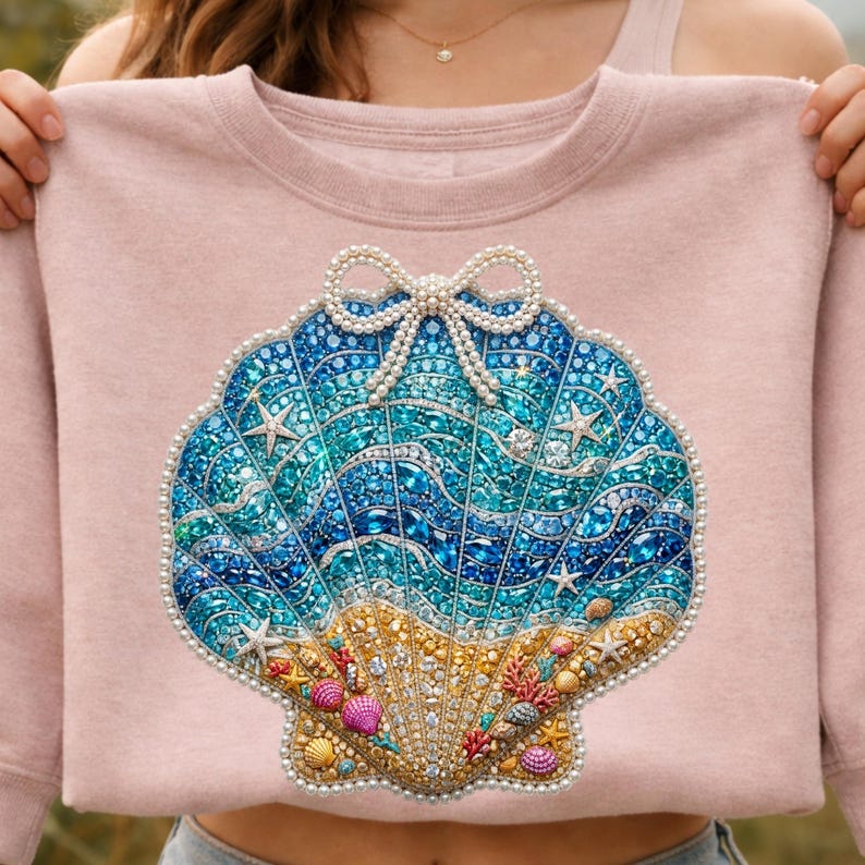 Faux Rhinestone Seashell PNG, Pearl Bow Coastal Design, Sparkly Ocean ...