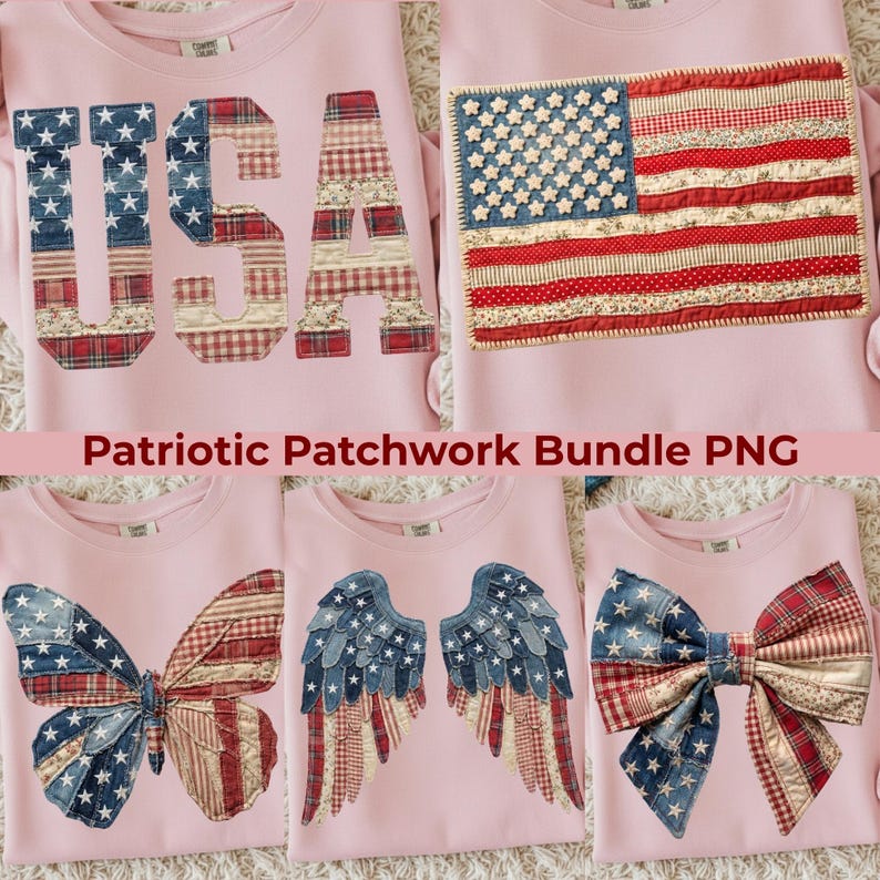 May include: Pink sweatshirts featuring patriotic patchwork designs. The designs include the word "USA", an American flag, a butterfly, angel wings, and a bow. The patchwork uses denim and red, white, and blue patterned fabrics.