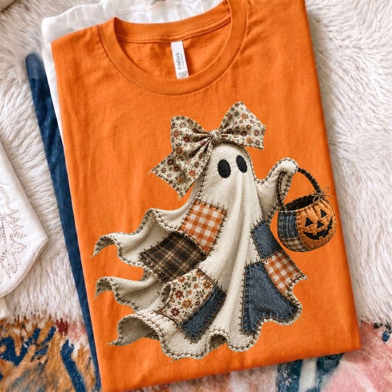 Denim Patchwork Ghost Png, Floral Bow Halloween Ghost Design, Patchwork Halloween Png, Quilted Halloween Png, Spooky Season Ghost Png