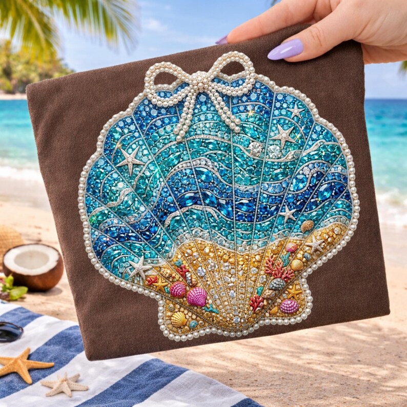 Faux Rhinestone Seashell PNG, Pearl Bow Coastal Design, Sparkly Ocean ...