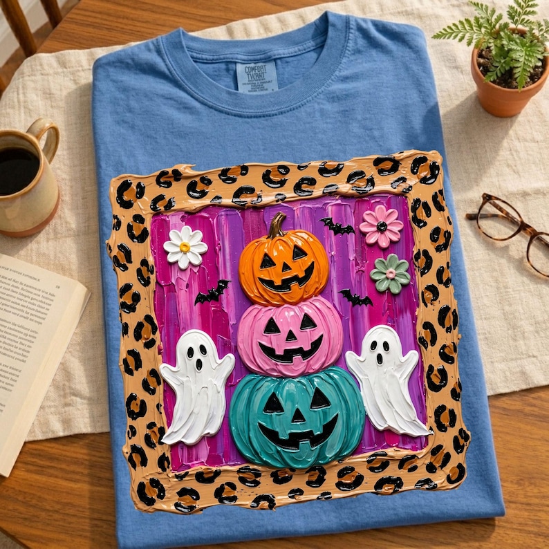 Puede incluir: Una camiseta azul con un gr&aacute;fico cuadrado con borde de estampado de leopardo. El centro muestra una pila de tres calabazas en naranja, rosa y turquesa, flanqueadas por dos fantasmas blancos, peque&ntilde;os murci&eacute;lagos negros y tres flores sobre un fondo morado.