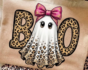 Fantasma Boo Leopardo Preppy PNG, Design Fantasma con Fiocco Rosa, PNG di Halloween Femminile, PNG della Stagione Spettrale, PNG di Fantasma di Halloween Trendy, PNG di Fantasma Femminile