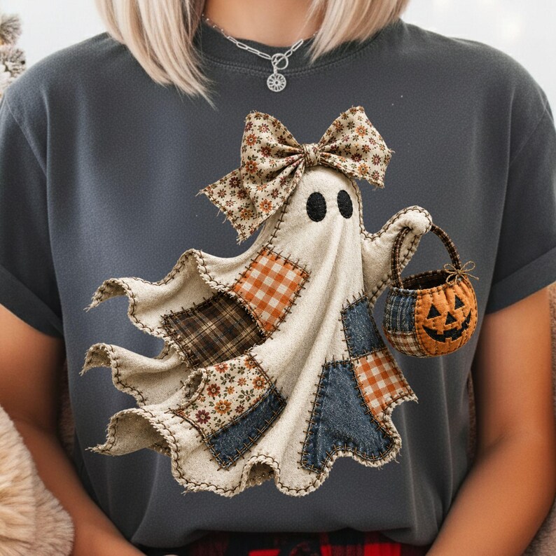 Denim patchwork spook png, bloemenstrik Halloween spookontwerp, patchwork halloween png, gewatteerde halloween png, spookachtig seizoen spook png afbeelding 7