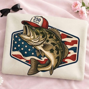 Patriotic Bass Fish Png, 250 Years Fishing Design, 250 Years Camo Bass Png, USA Flag Fish Design, Patriotic Fish Png, July 4th Fishing Png