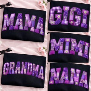 Preppy Mama Nana Gigi Mimi Grandma PNG-paket, lila lapptäcke med blommiga smeknamn och mormors design, Cottagecore-design, quilt med mors dag-png
