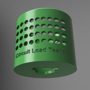 Könnte beinhalten: Ein grüner Plastikzylinder mit einem Lochgitter und dem aufgedruckten Text "Circuit Load Tester".