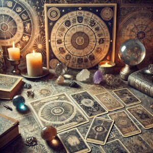 May include: A table top with a variety of tarot cards, crystals, candles, and a crystal ball. The table is covered in a dark fabric with a pattern of stars and moons. The tarot cards are spread out on the table, and the crystals are arranged in a circle around the crystal ball. The candles are lit and casting a warm glow on the scene.