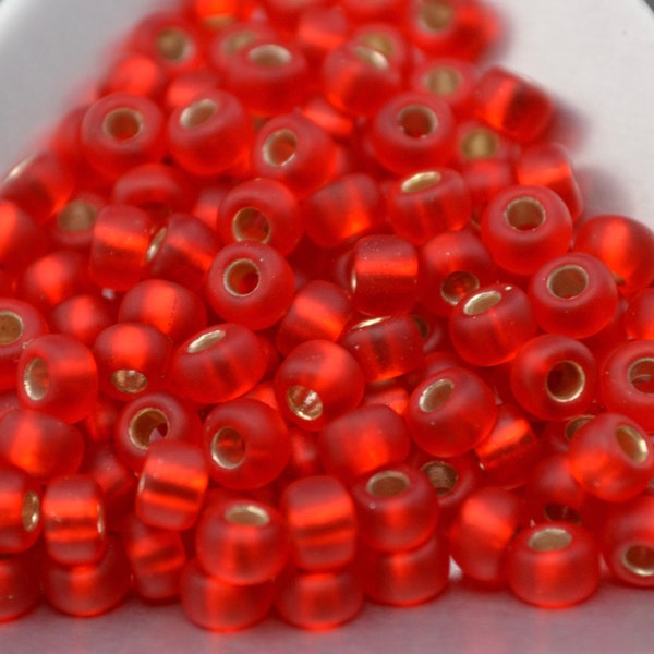 6/0 Japanese Seed Beads - Matte Silver Lined Flame Red Miyuki # 10F (5" round tube, approx 20 grams)