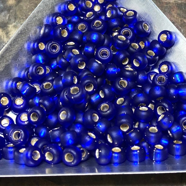 6/0 Japanese Seed Beads- Matte Silver Lined Cobalt Blue Miyuki # 20F (5" round tube, approx 20 grams)