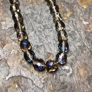 8mm Round Fire Polished Transparent Smoke Blue Metallic Half Coated (Strand of 25) Czech Glass