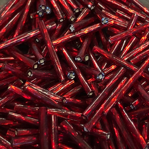 20mm Bugle Beads twisted - Silver Lined Dark Red (Czech)