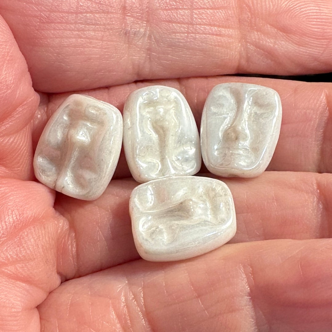 Czech Glass Full Moon Faces Beads – 9mm, White With Gold Inlay – Pack Of 12