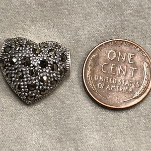 Sterling Silver slider bead, puffy heart shaped, set with Marcasite