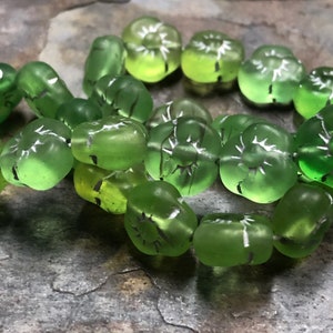 Vintage Czech Glass Beads - Transparent Peridot Frosted with Silver Wash 9mm Flat Pansy Flower Beads (Strand of 25)