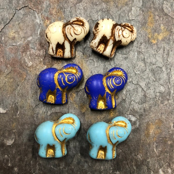 Elephant Beads - Opaque, Czech Glass with Metallic Wash in 3 colors, 20x23mm (bag of 2 matching beads)