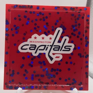 Handmade Capitals Hockey Coasters: Red Glitter Resin, Set of 4