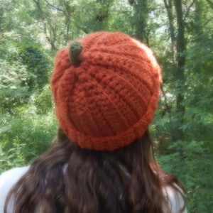 Könnte beinhalten: Ein orangefarbener Häkelhut in Form eines Kürbisses mit einem kleinen grünen Stiel. Der Hut wird von einer Person mit langen braunen Haaren getragen, vor einem verschwommenen grünen Hintergrund aus Bäumen und Blättern. Ein herbstliches Accessoire.