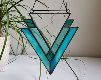 Teal Art Deco Triangle- Stained Glass Home Decor