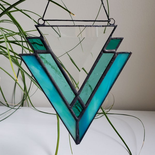 Teal Art Deco Triangle- Stained Glass Home Decor