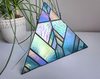 Iridescent teal and blue Triangle - Stained Glass Decor