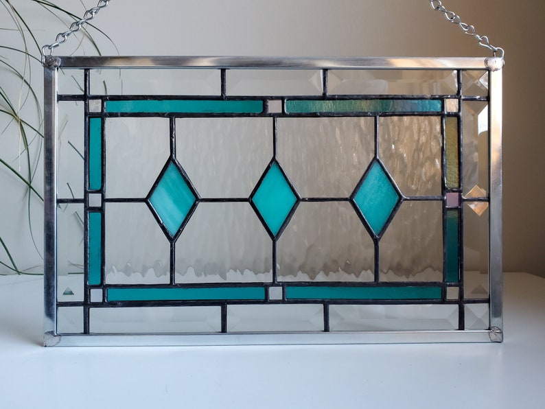 Iridescent Teal Stained Glass Panel Home Decor image 2