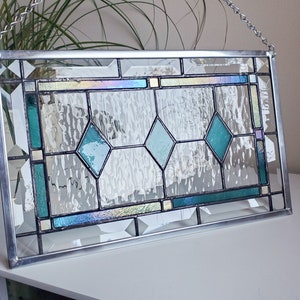 Iridescent Teal Stained Glass Panel Home Decor image 1