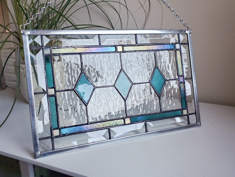 Iridescent Teal Stained Glass Panel Home Decor image 1