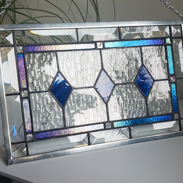 Iridescent Blue Stained Glass Panel - Home Decor