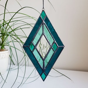 Teal Art Deco Diamond - Stained Glass