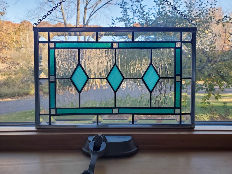 Iridescent Teal Stained Glass Panel Home Decor image 3