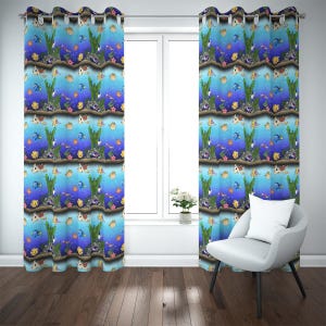 May include: A pair of blue and aqua curtains featuring a repeating pattern of cartoon fish, coral, and seaweed. The curtains are hanging in front of a window. A white chair and a small potted plant are also visible.