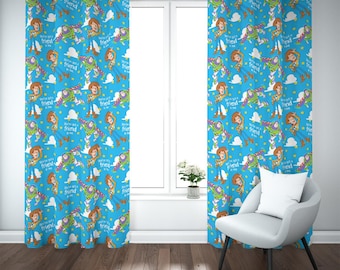 Verduisterende gordijnen Toy Story – Raampanelen kinderslaapkamer, Pixar Woody & Buzz-kamerdecoratie, gordijnen speelkamer, set met twee panelen