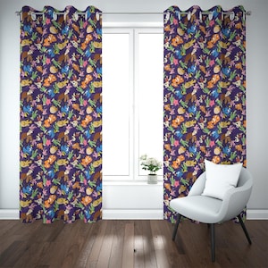May include: A pair of purple curtains featuring a repeating pattern of cartoon sea creatures, such as clownfish, turtles, and starfish. The curtains are hung in front of a window, with a white chair and a small potted plant in view.