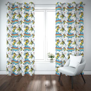 May include: White curtain panels with a repeating comic book-style pattern featuring a yellow and blue superhero character. The design includes speech bubbles with the word "Snikt" and star accents. The curtains are hanging in front of a window.
