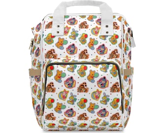 May include: A white backpack featuring a repeating pattern of Winnie the Pooh characters including Tigger, Eeyore, Piglet, and Rabbit. The bag has a top handle, a front zippered pocket, and side pockets, all accented with white straps and trim.