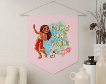Moana Pennant Banner – Custom Printed Hanging Flag with Wooden Dowel | Nursery Wall Décor | Personalized Room Decoration