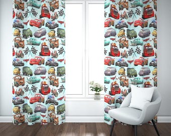Cars Blackout Curtains (2 Panels) • Radiator Springs Kids Room Drapes • Racecar Disney Window Panels