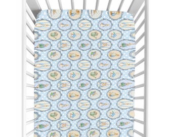 Peter Rabbit Crib Sheet – Beatrix Potter Nursery Bedding, Blue Floral Baby Sheet, Storybook Baby Shower Gift