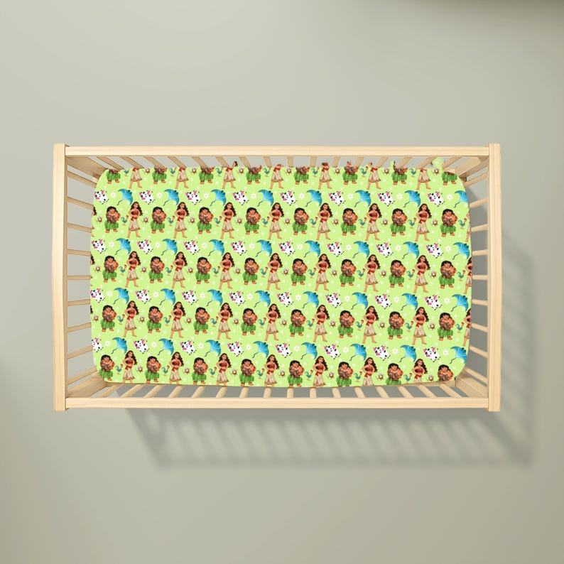 May include: A light green crib sheet featuring a repeating pattern of cartoon characters. The design includes figures of a woman in a red skirt and a man in green, along with blue umbrellas and white flowers.