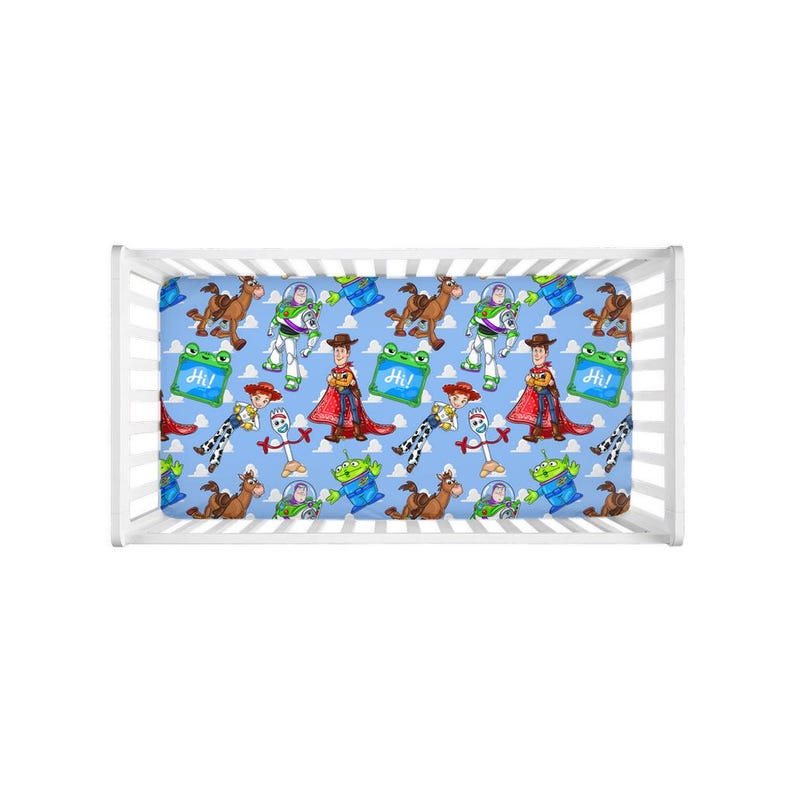 Toy Story Crib Sheet – Woody Buzz Nursery Bedding, Pixar Baby Room Decor, Cowboy Space Baby Shower Gift, Gender Neutral Bedding image 4