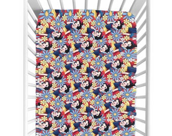 Snow White Crib Sheet – Fairytale Princess Baby Bedding, Red & Blue Apple Nursery Decor, Disney Princess Baby Shower Gift