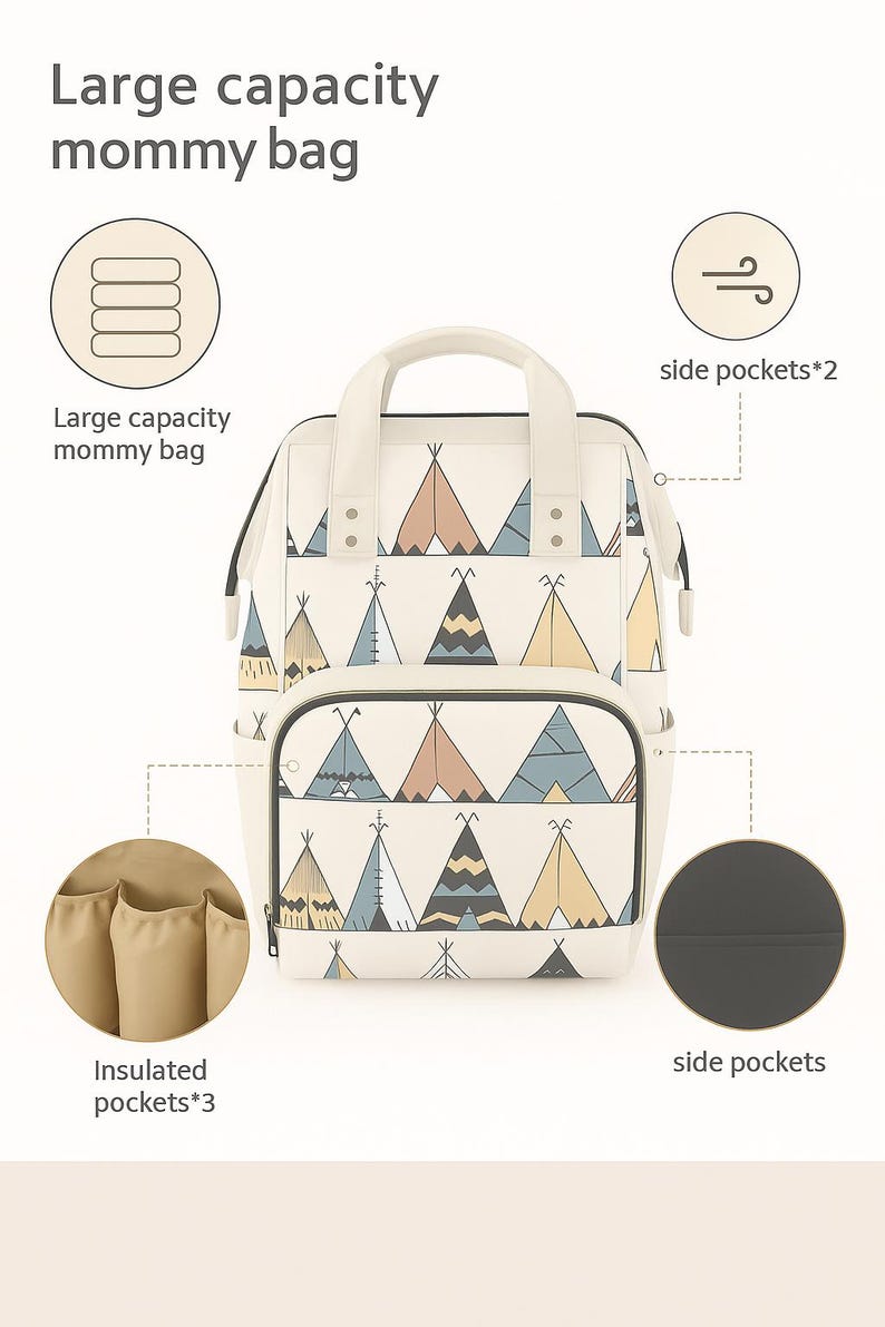 Op de afbeelding: Een cr&egrave;mekleurige luiertas met grote capaciteit en een tipi-patroon in verschillende kleuren. De tas heeft een handvat aan de bovenkant, zijvakken en ge&iuml;soleerde vakken. De tekst "Large capacity mommy bag" wordt weergegeven.