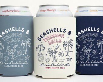 Seashells Wedding Bells Can Cooler, Nautical Bachelorette Party Favors, Beach Bridal Party Favors, Mermaid Bachelorette