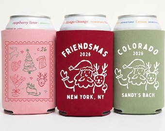 Custom Christmas Can Cooler: Holiday Party Favors, Friendsmas 2026 Gift, Winter Bachelorette Favors, Stocking stuffers, Secret Santa