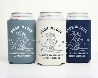 Snow in Love, Après Ski Bachelorette Can Cooler, Ski Party Favor, Winter Cabin Girls Trip Keepsake, Up to Snow Good