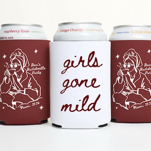 May include: Three drink koozies. Two are burgundy with a white illustration of a person in a robe, holding a cup, and the text "Dani's Bachelorette Party Miami, 2026". The center koozie is white with the text "girls gone mild" in burgundy.